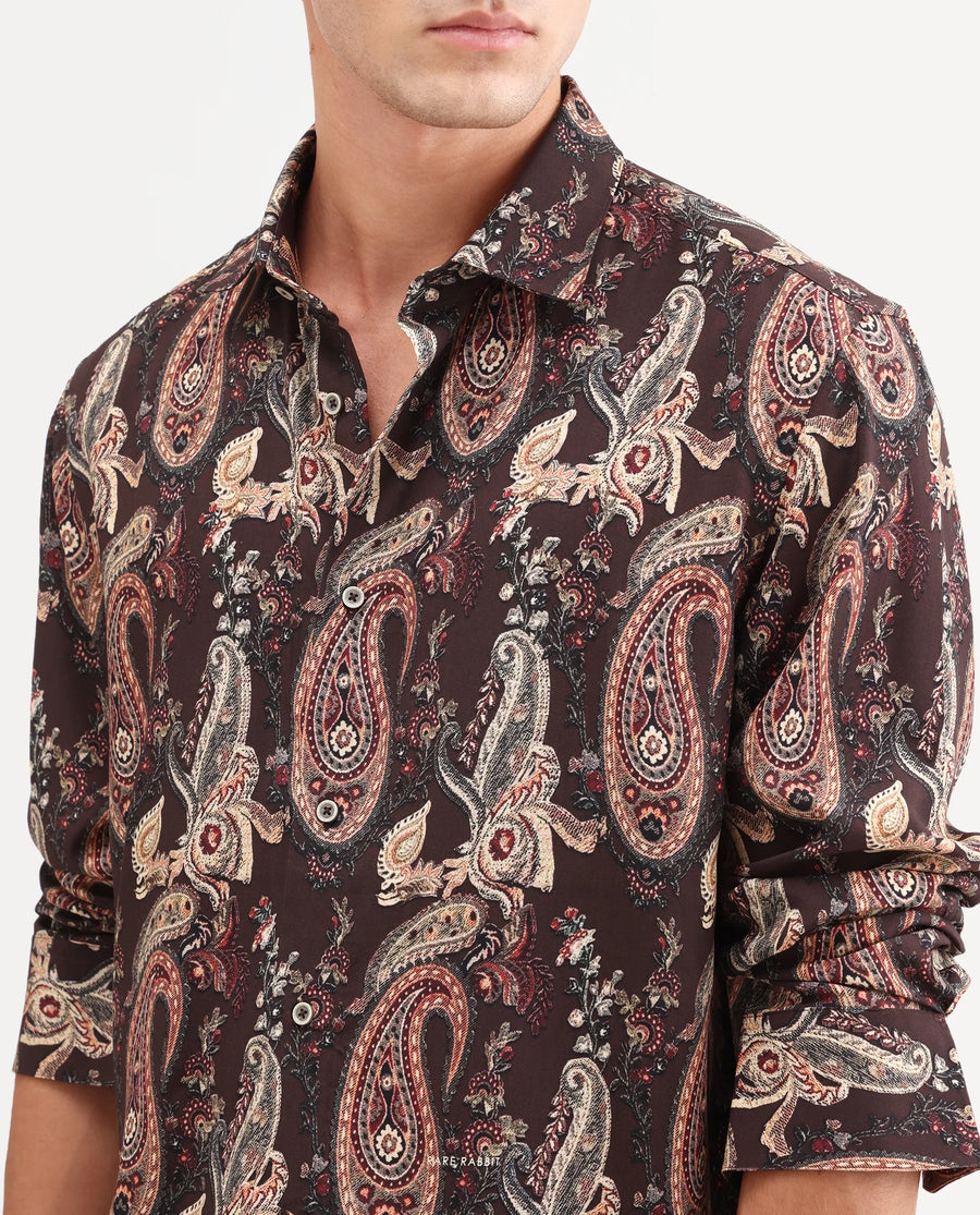 Rare Rabbit Men's Faye Dark Brown Viscose Fabric Full Sleeve Regular Fit Paisley Print Shirt