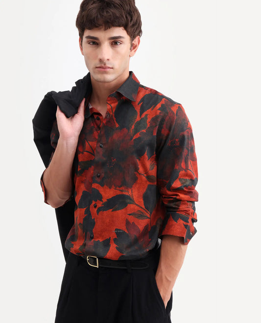 Rare Rabbit Men's Jossi Red Cotton Fabric Full Sleeve Regular Fit Floral Print Shirt