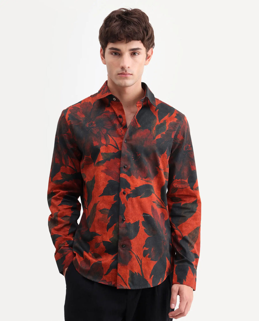 Rare Rabbit Men's Jossi Red Cotton Fabric Full Sleeve Regular Fit Floral Print Shirt