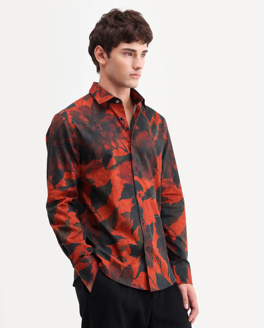 Rare Rabbit Men's Jossi Red Cotton Fabric Full Sleeve Regular Fit Floral Print Shirt