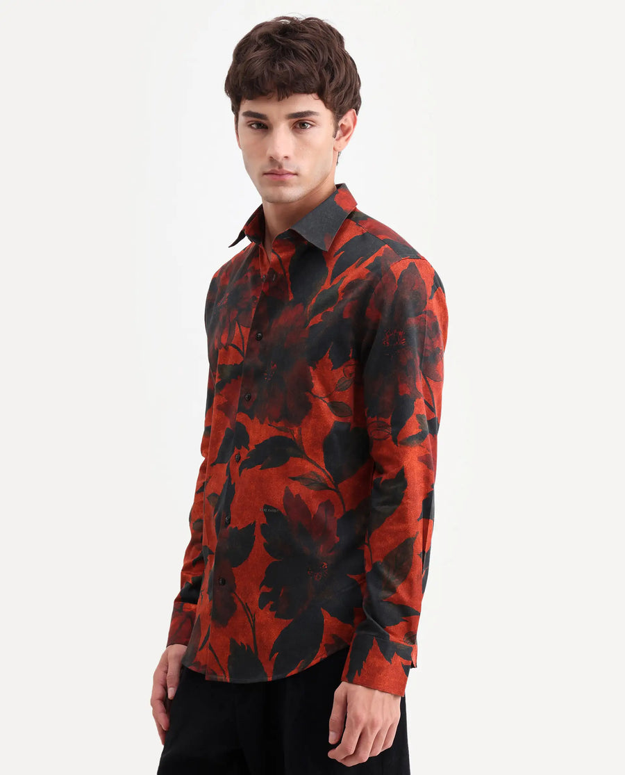 Rare Rabbit Men's Jossi Red Cotton Fabric Full Sleeve Regular Fit Floral Print Shirt