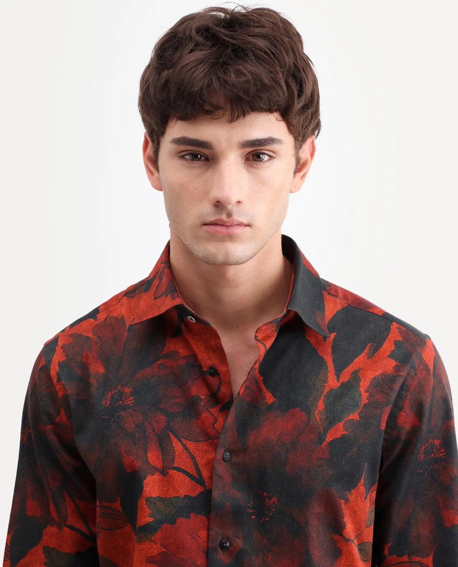 Rare Rabbit Men's Jossi Red Cotton Fabric Full Sleeve Regular Fit Floral Print Shirt