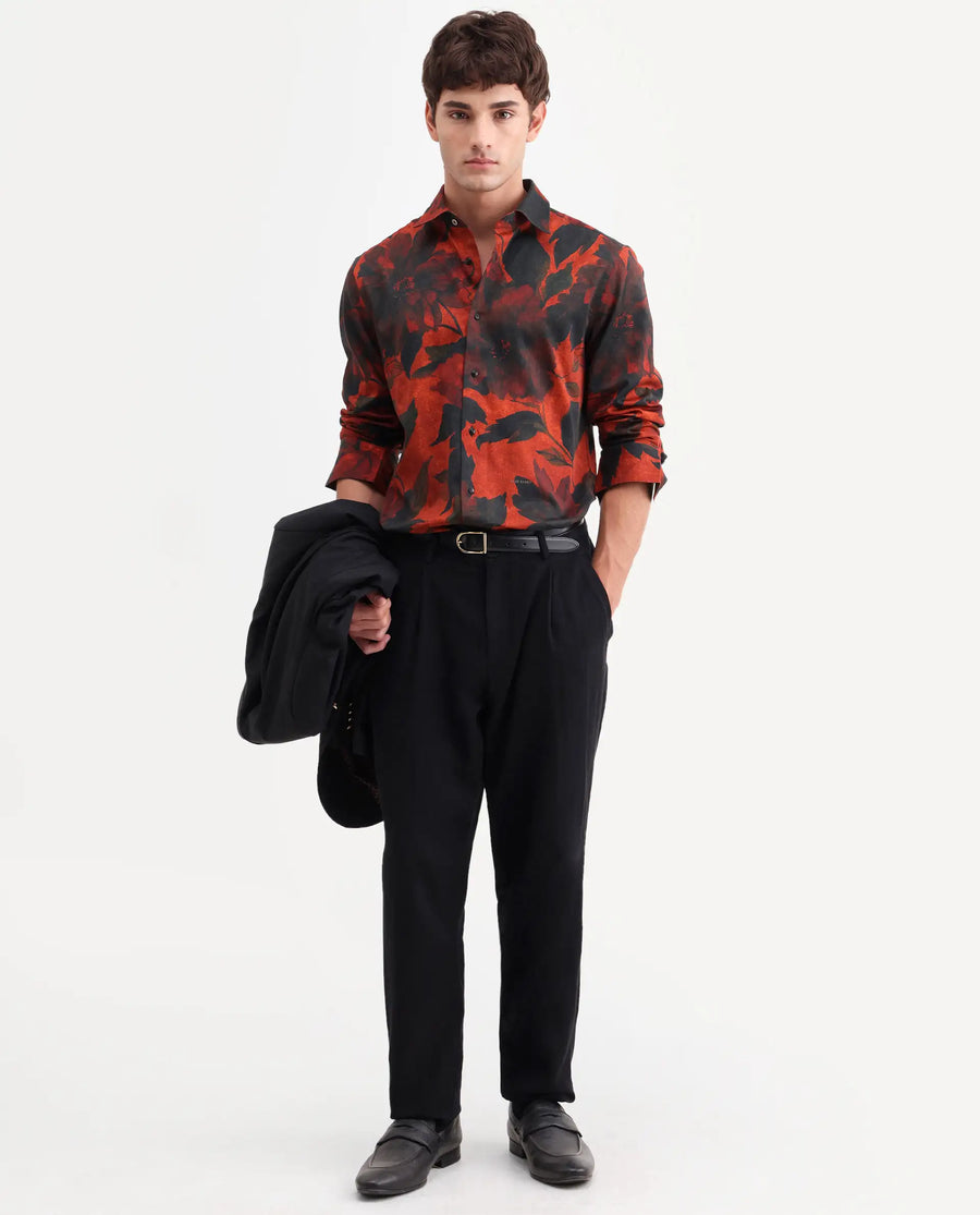 Rare Rabbit Men's Jossi Red Cotton Fabric Full Sleeve Regular Fit Floral Print Shirt