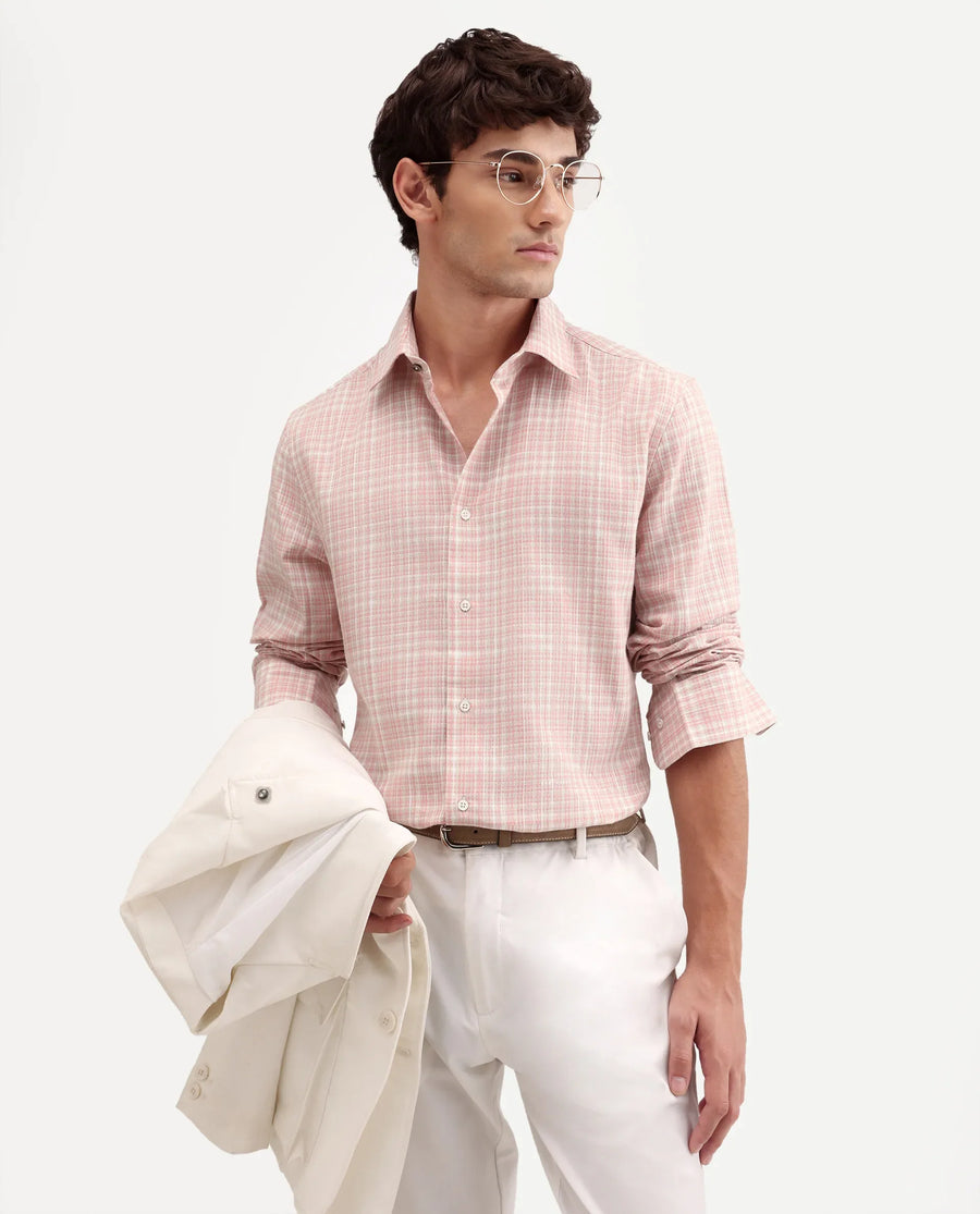 Rare Rabbit Men's Trale Light Pink Cotton Fabric Full Sleeve Regular Fit Checked Shirt