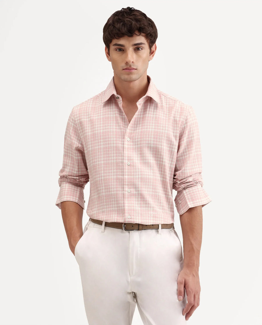 Rare Rabbit Men's Trale Light Pink Cotton Fabric Full Sleeve Regular Fit Checked Shirt
