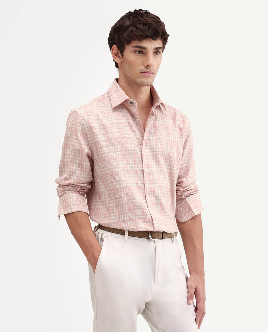 Rare Rabbit Men's Trale Light Pink Cotton Fabric Full Sleeve Regular Fit Checked Shirt
