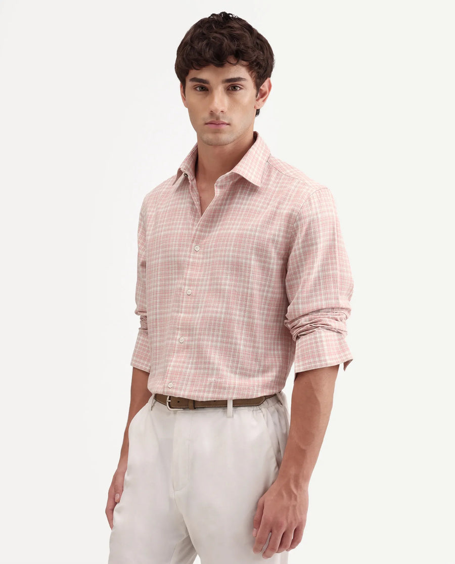 Rare Rabbit Men's Trale Light Pink Cotton Fabric Full Sleeve Regular Fit Checked Shirt