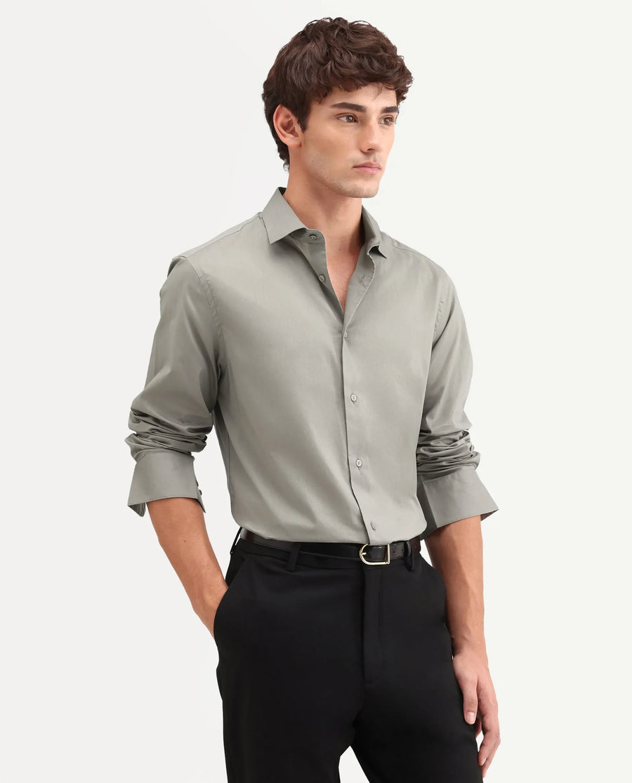 Rare Rabbit Men's Antec Grey Cotton Blend Fabric Full Sleeve Regular Fit Plain Shirt