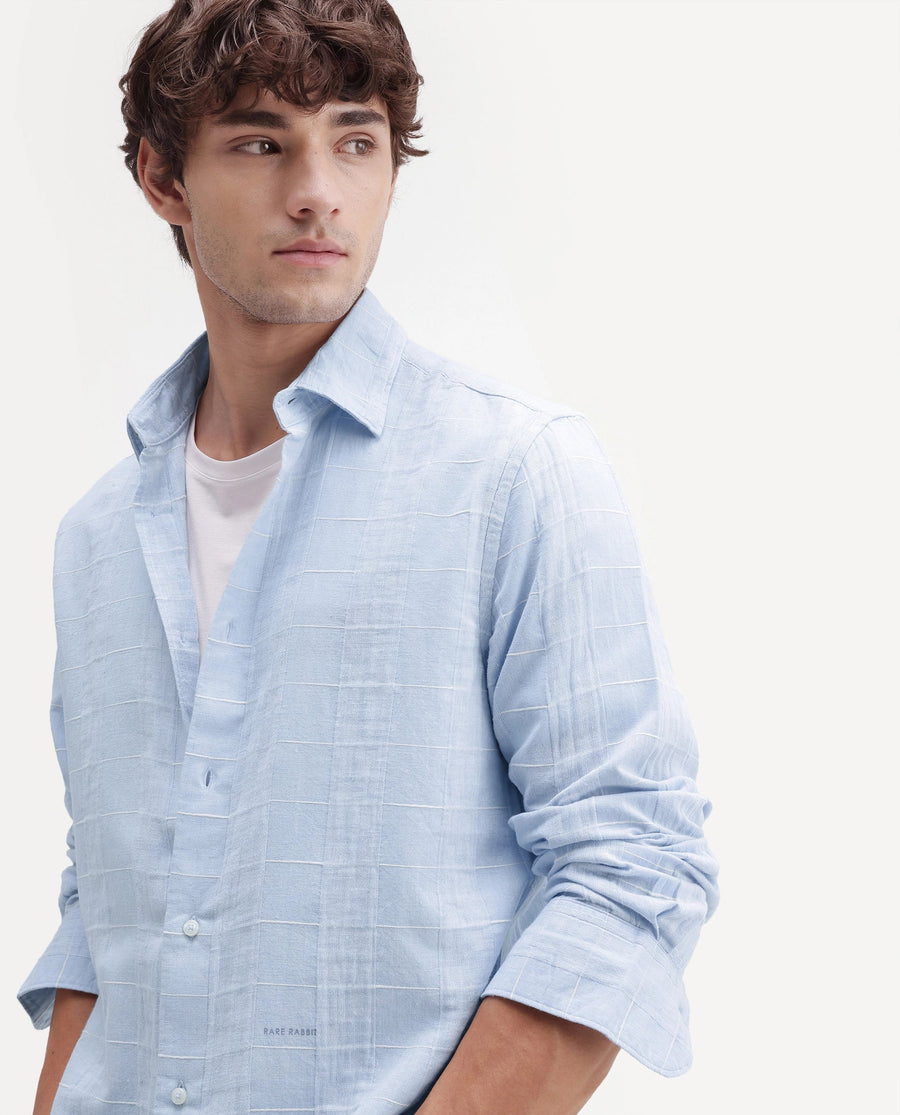 Rare Rabbit Men's Prads Light Blue Cotton Blend Fabric Full Sleeve Regular Fit Checked Shirt