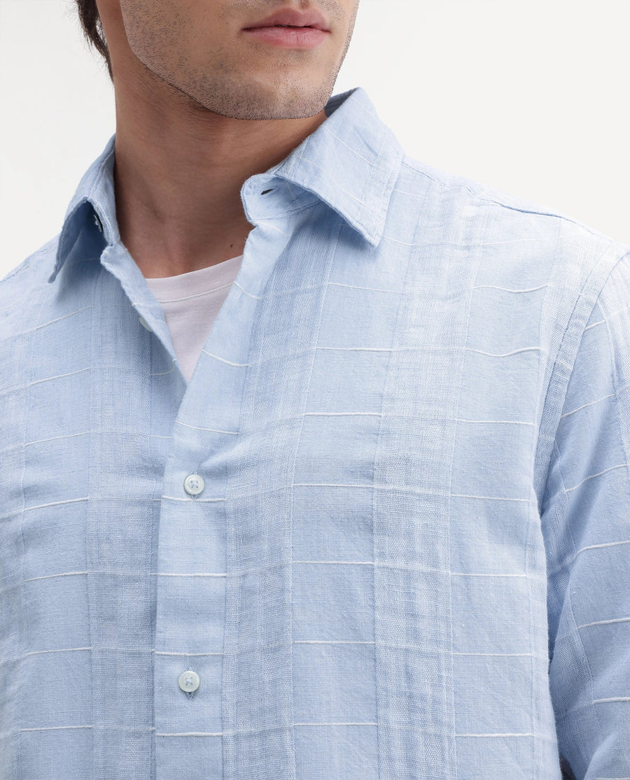 Rare Rabbit Men's Prads Light Blue Cotton Blend Fabric Full Sleeve Regular Fit Checked Shirt