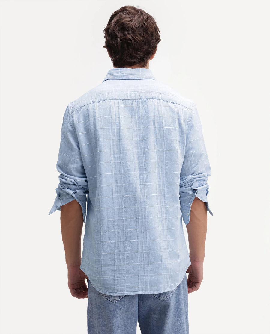 Rare Rabbit Men's Prads Light Blue Cotton Blend Fabric Full Sleeve Regular Fit Checked Shirt