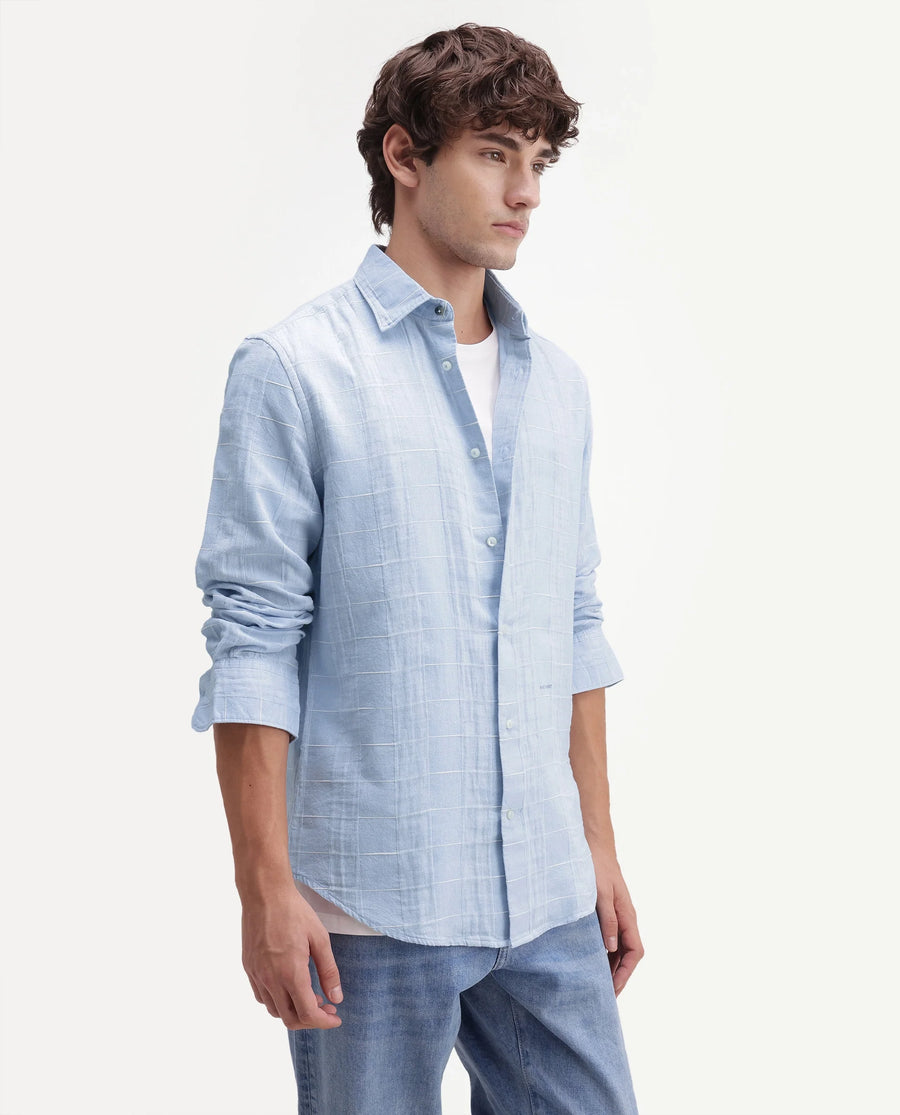 Rare Rabbit Men's Prads Light Blue Cotton Blend Fabric Full Sleeve Regular Fit Checked Shirt