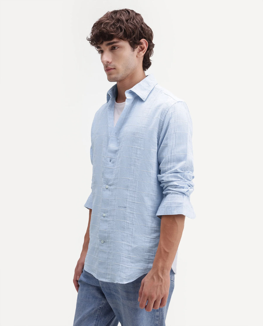 Rare Rabbit Men's Prads Light Blue Cotton Blend Fabric Full Sleeve Regular Fit Checked Shirt