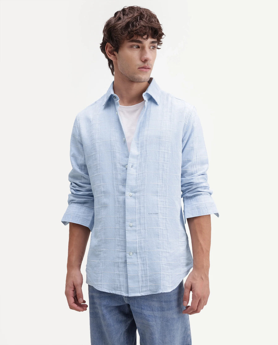 Rare Rabbit Men's Prads Light Blue Cotton Blend Fabric Full Sleeve Regular Fit Checked Shirt