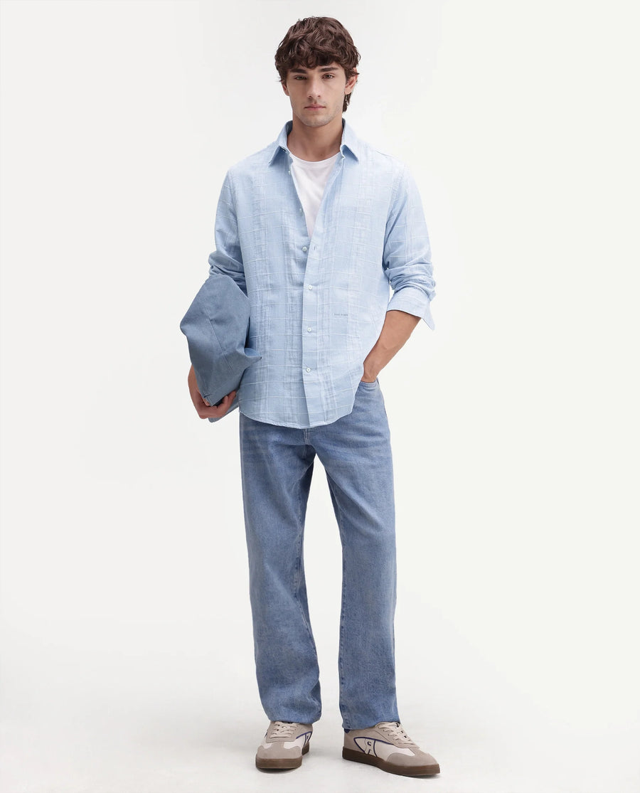 Rare Rabbit Men's Prads Light Blue Cotton Blend Fabric Full Sleeve Regular Fit Checked Shirt