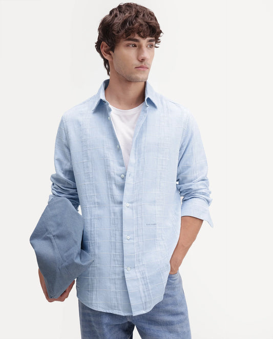 Rare Rabbit Men's Prads Light Blue Cotton Blend Fabric Full Sleeve Regular Fit Checked Shirt