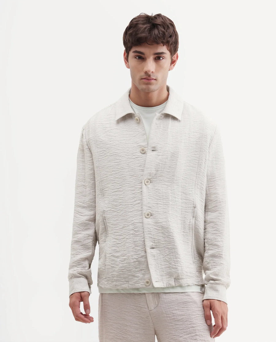 Rare Rabbit Men's Veon -J Off White Viscose Blend Fabric Full Sleeve Spread Collar Regular Fit Plain Shacket