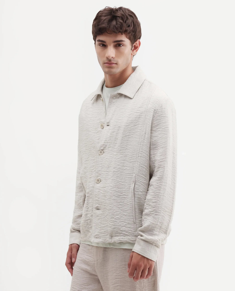 Rare Rabbit Men's Veon -J Off White Viscose Blend Fabric Full Sleeve Spread Collar Regular Fit Plain Shacket