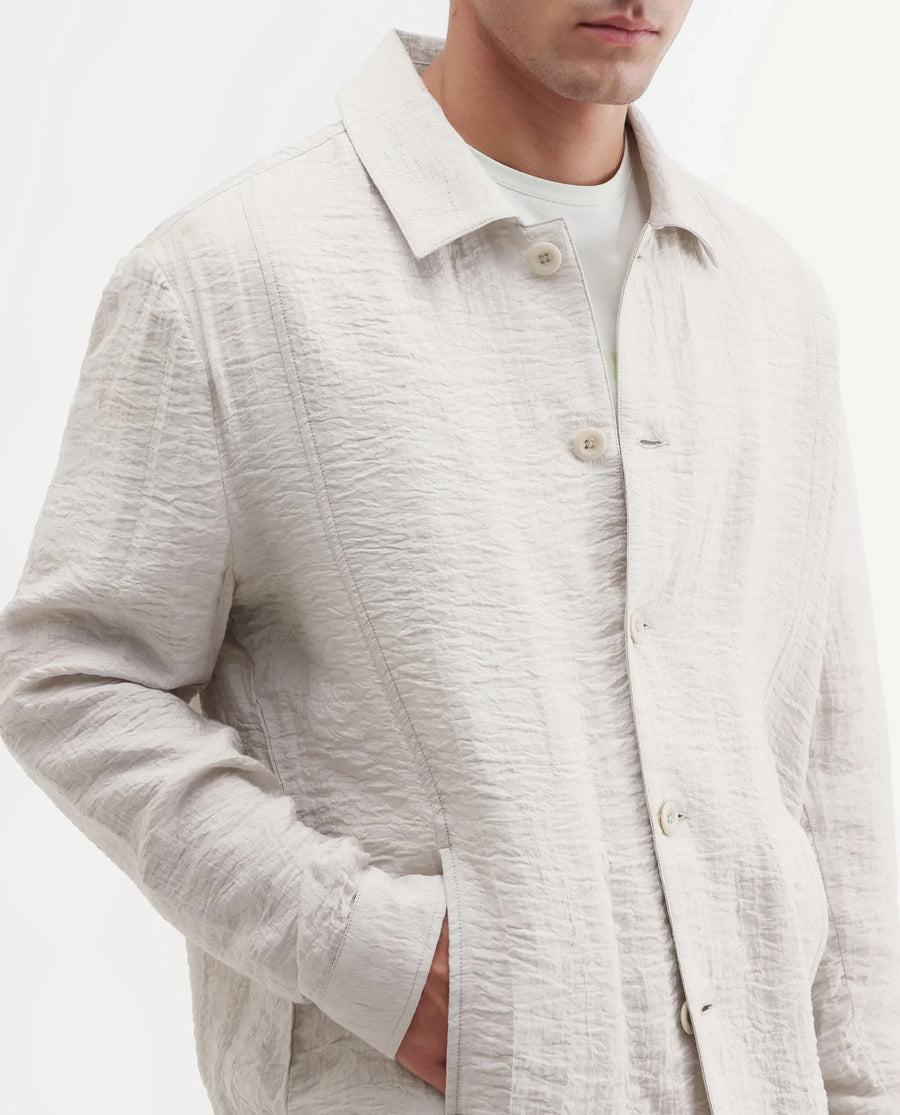 Rare Rabbit Men's Veon -J Off White Viscose Blend Fabric Full Sleeve Spread Collar Regular Fit Plain Shacket