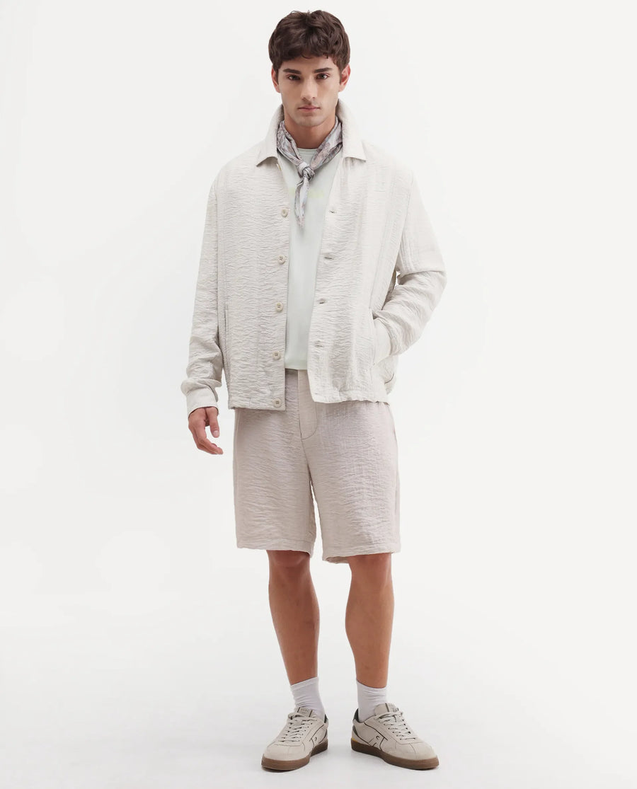 Rare Rabbit Men's Veon -J Off White Viscose Blend Fabric Full Sleeve Spread Collar Regular Fit Plain Shacket
