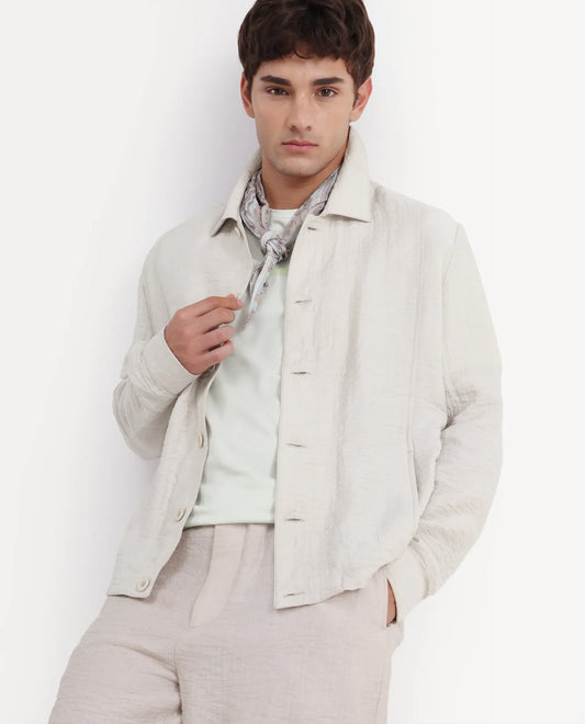 Rare Rabbit Men's Veon -J Off White Viscose Blend Fabric Full Sleeve Spread Collar Regular Fit Plain Shacket