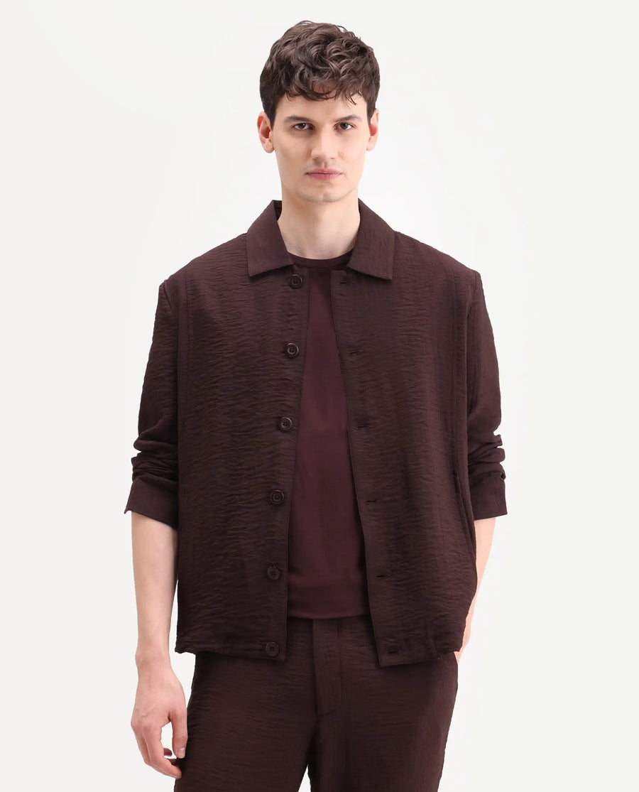 Rare Rabbit Men's Veon-J Dark Brown Viscose Blend Fabric Full Sleeve Spread Collar Regular Fit Plain Shacket