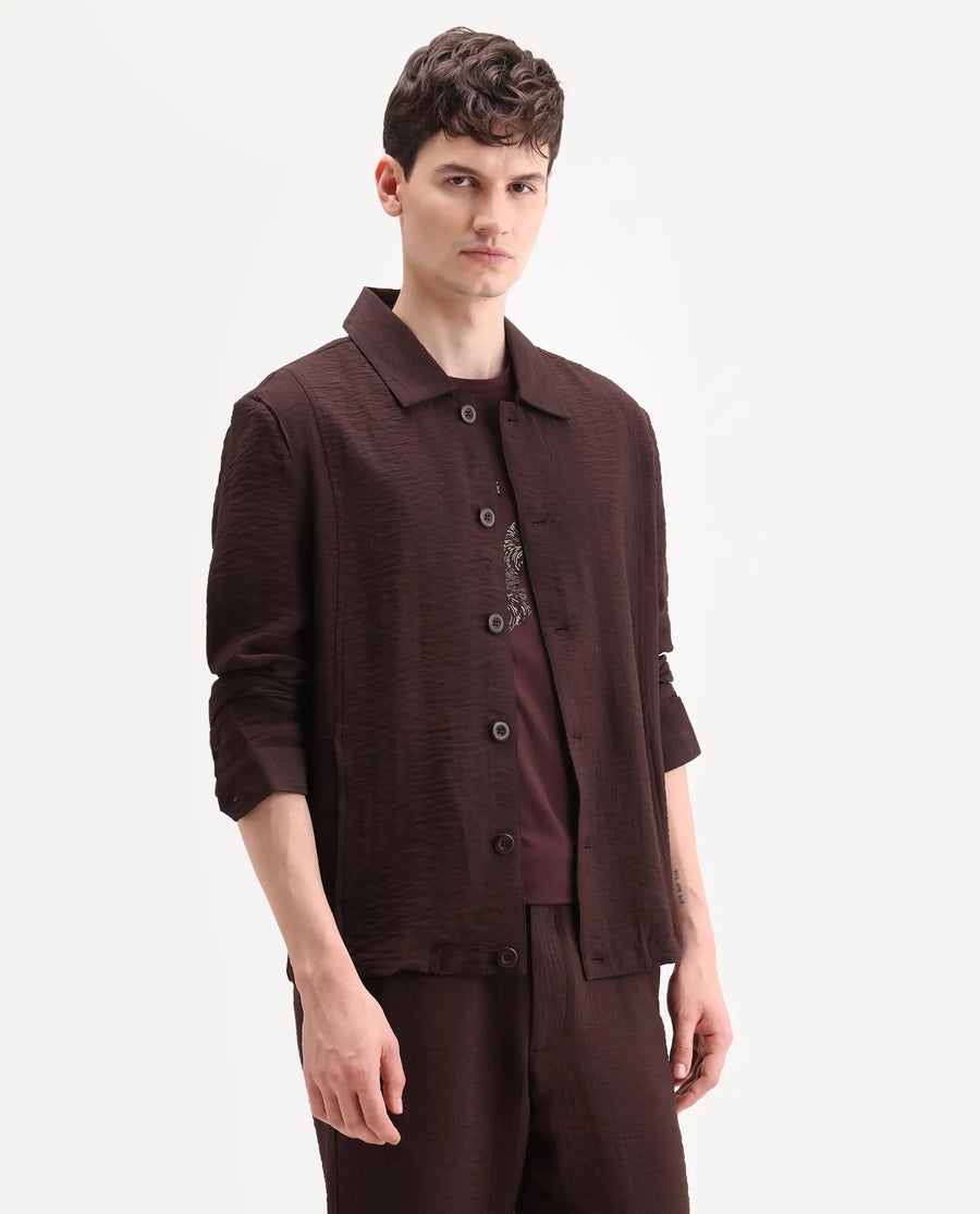 Rare Rabbit Men's Veon-J Dark Brown Viscose Blend Fabric Full Sleeve Spread Collar Regular Fit Plain Shacket