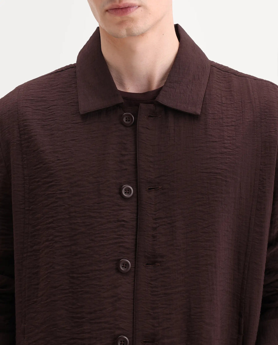 Rare Rabbit Men's Veon-J Dark Brown Viscose Blend Fabric Full Sleeve Spread Collar Regular Fit Plain Shacket