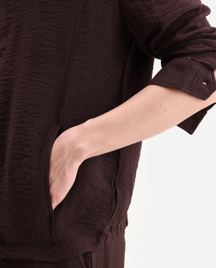 Rare Rabbit Men's Veon-J Dark Brown Viscose Blend Fabric Full Sleeve Spread Collar Regular Fit Plain Shacket