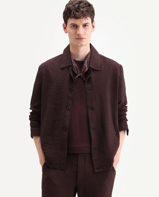 Rare Rabbit Men's Veon-J Dark Brown Viscose Blend Fabric Full Sleeve Spread Collar Regular Fit Plain Shacket