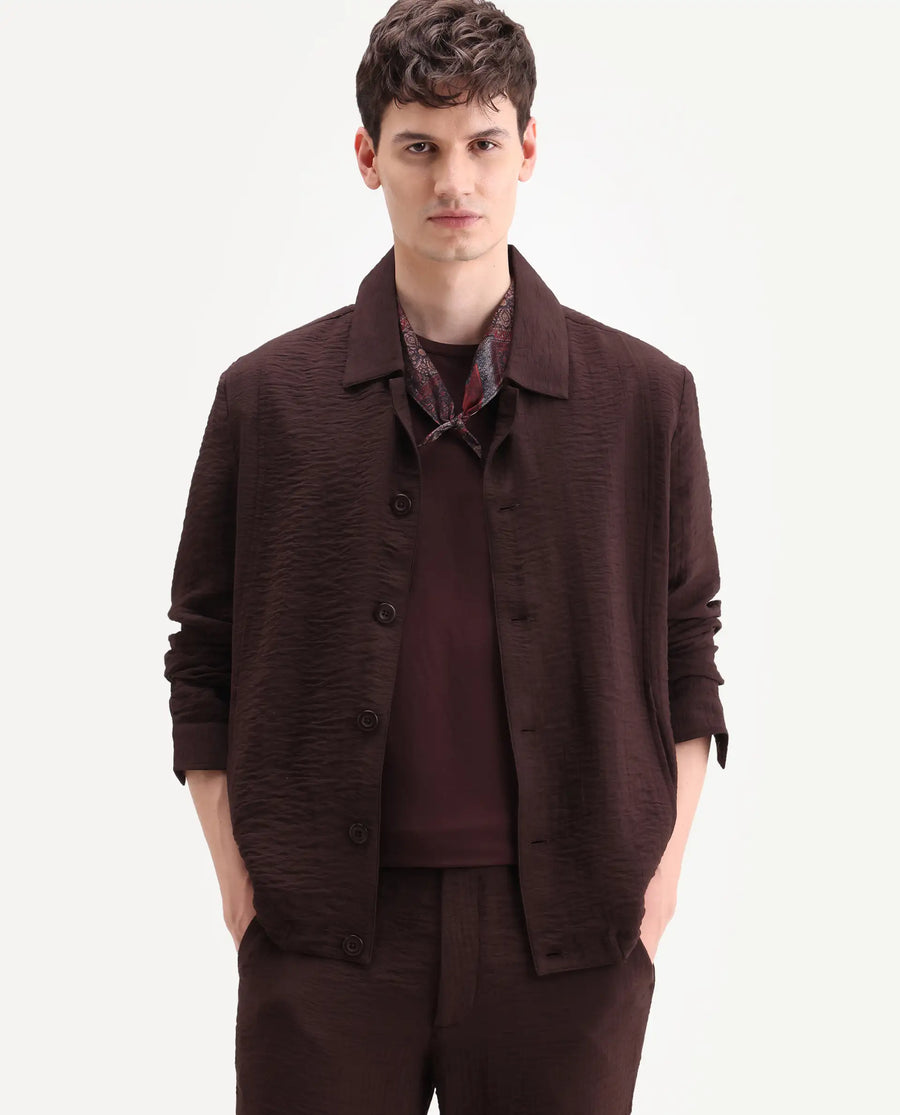 Rare Rabbit Men's Veon-J Dark Brown Viscose Blend Fabric Full Sleeve Spread Collar Regular Fit Plain Shacket
