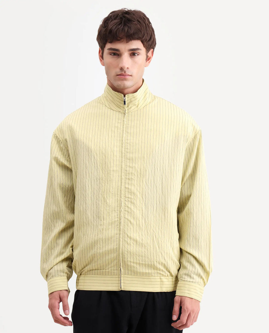 Rare Rabbit Men's Mivo Fluorescent Green Nylon Blend Fabric Full Sleeve High Neck Regular Fit Plain Shacket