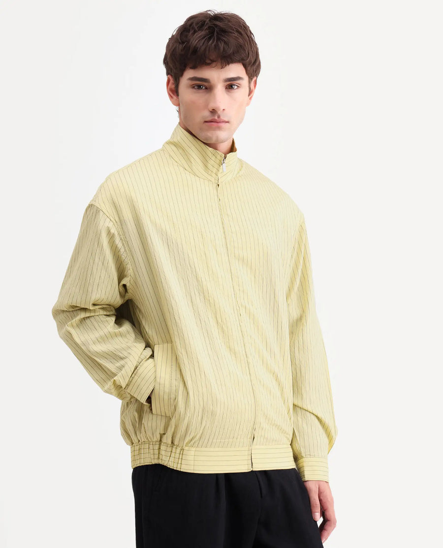 Rare Rabbit Men's Mivo Fluorescent Green Nylon Blend Fabric Full Sleeve High Neck Regular Fit Plain Shacket