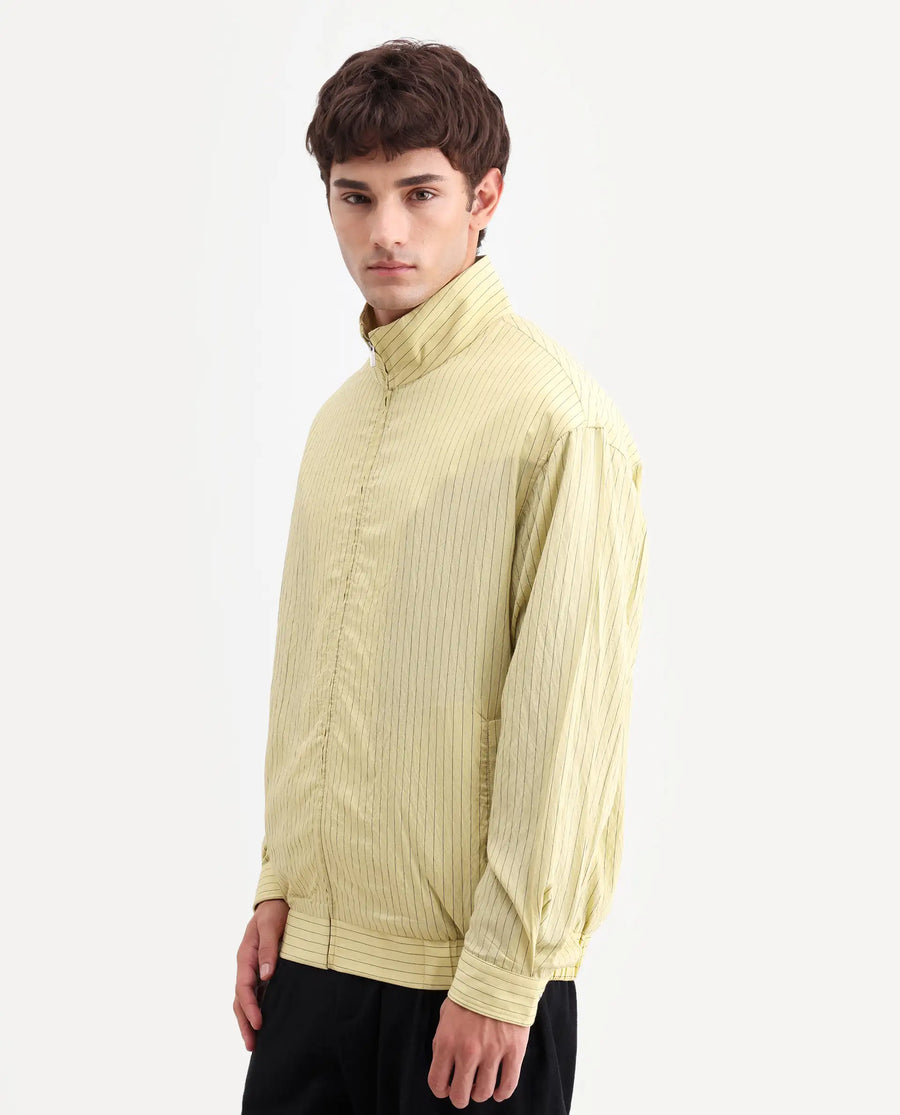 Rare Rabbit Men's Mivo Fluorescent Green Nylon Blend Fabric Full Sleeve High Neck Regular Fit Plain Shacket