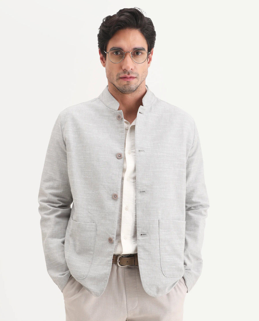 Rare Rabbit Men's Bira-J Light Grey Cotton Blend Fabric Full Sleeve Mandarin Collar Regular Fit Striped Shacket