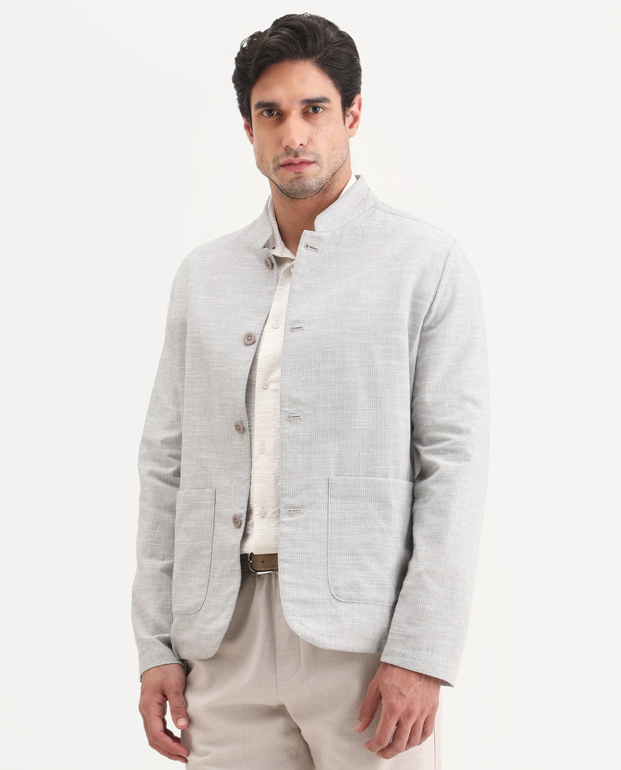 Rare Rabbit Men's Bira-J Light Grey Cotton Blend Fabric Full Sleeve Mandarin Collar Regular Fit Striped Shacket