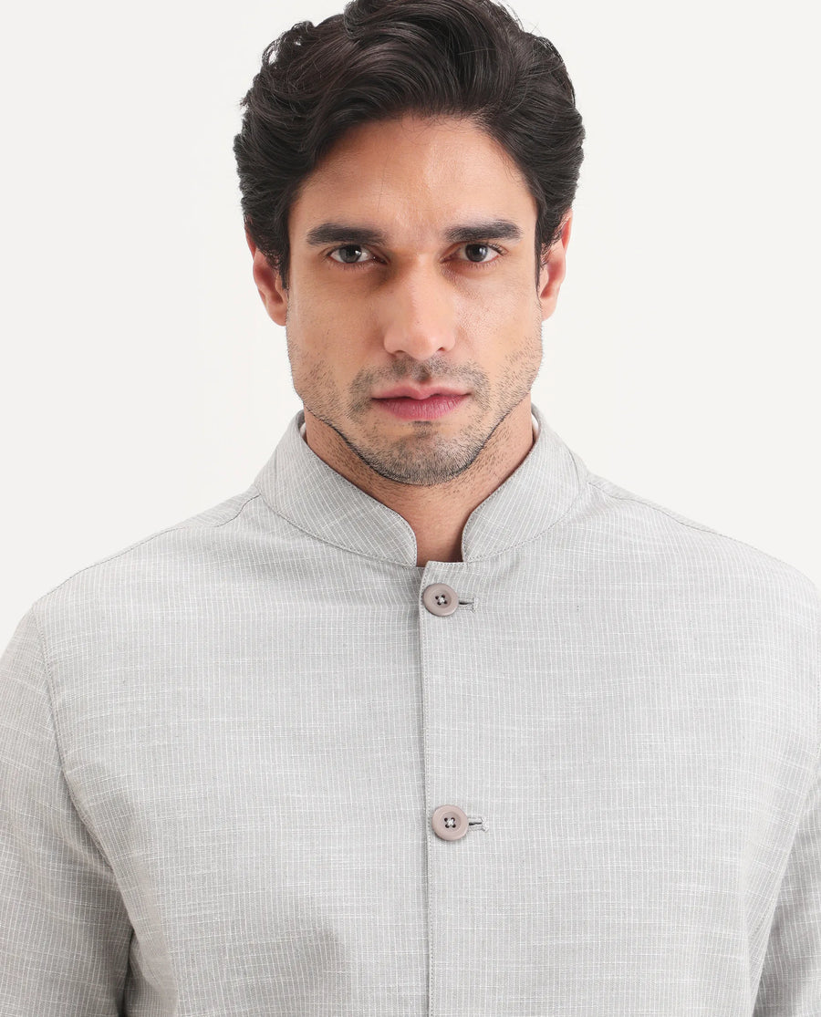 Rare Rabbit Men's Bira-J Light Grey Cotton Blend Fabric Full Sleeve Mandarin Collar Regular Fit Striped Shacket