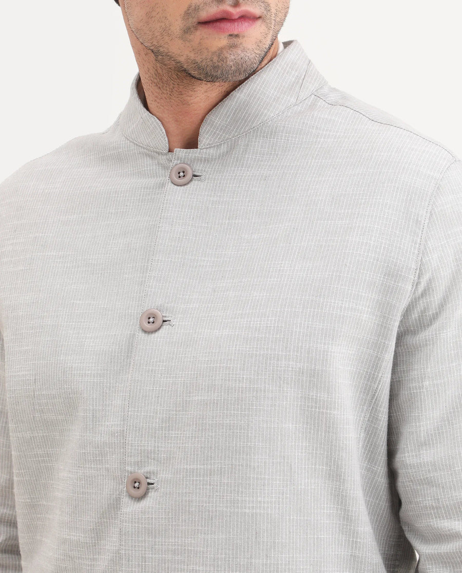 Rare Rabbit Men's Bira-J Light Grey Cotton Blend Fabric Full Sleeve Mandarin Collar Regular Fit Striped Shacket