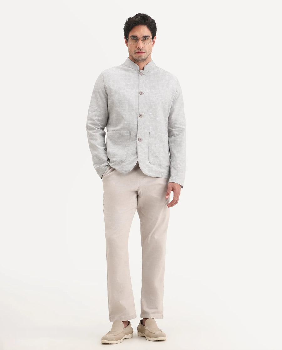 Rare Rabbit Men's Bira-J Light Grey Cotton Blend Fabric Full Sleeve Mandarin Collar Regular Fit Striped Shacket