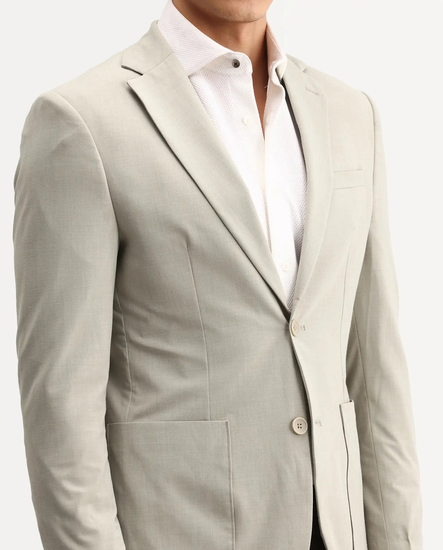 Rare Rabbit Men's Arca Pastel Beige Polyester Blend Fabric Full Sleeve Lapel Collar Regular Plain Blazer