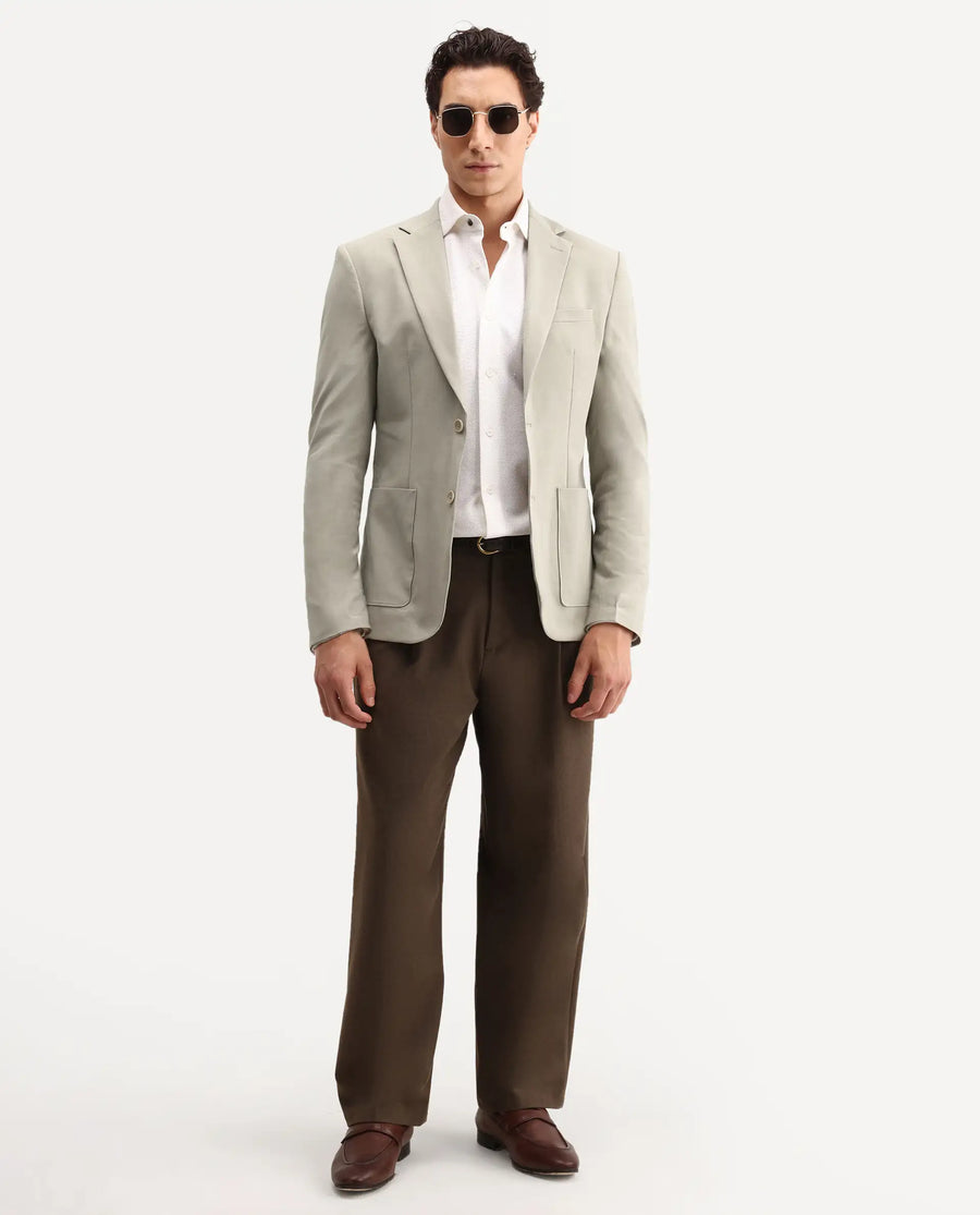 Rare Rabbit Men's Arca Pastel Beige Polyester Blend Fabric Full Sleeve Lapel Collar Regular Plain Blazer