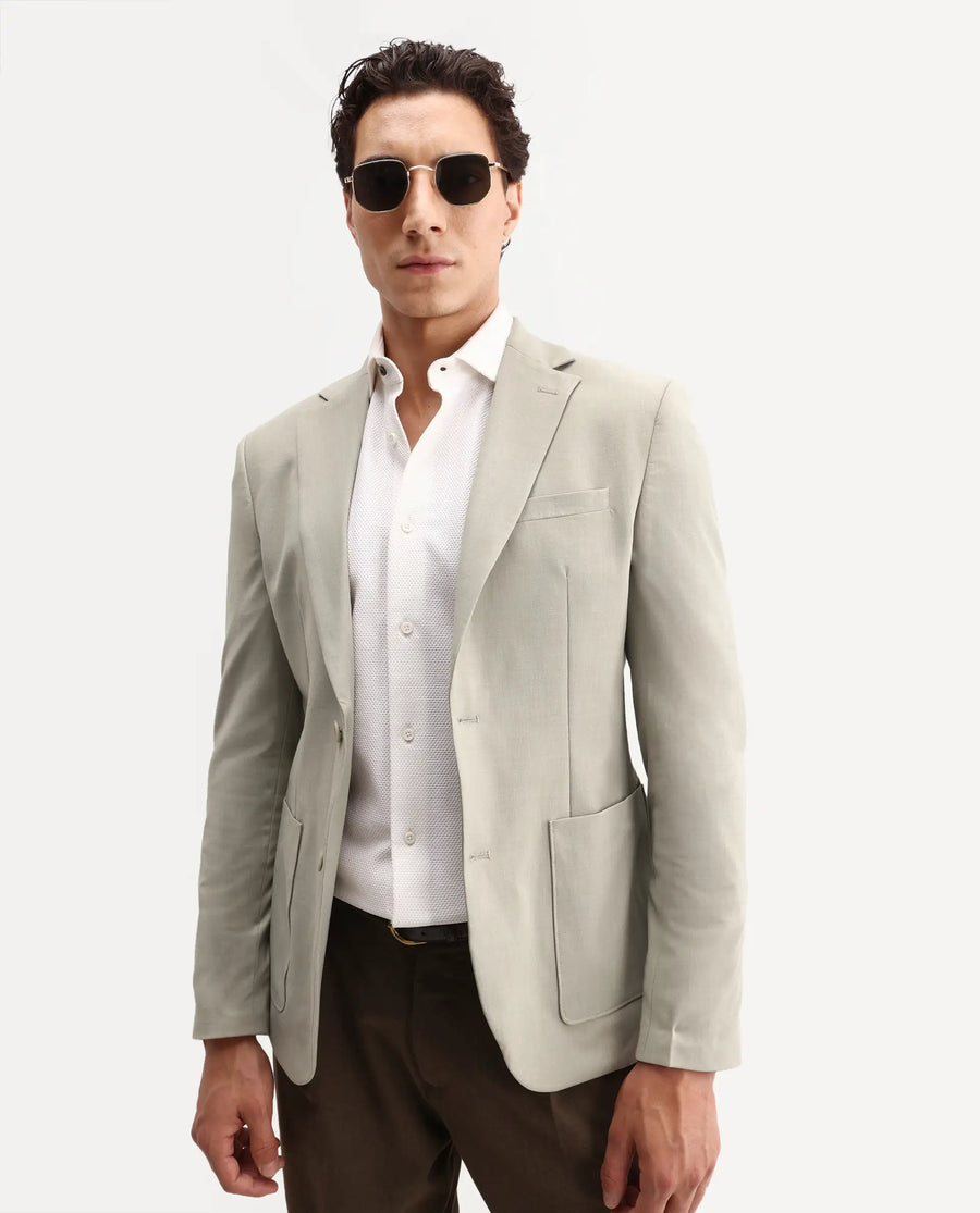 Rare Rabbit Men's Arca Pastel Beige Polyester Blend Fabric Full Sleeve Lapel Collar Regular Plain Blazer
