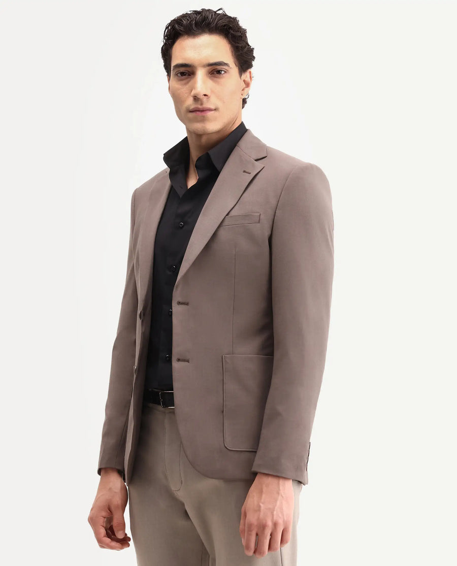 Rare Rabbit Men's Arca Dark Brown Polyester Blend Fabric Full Sleeve Lapel Collar Regular Plain Blazer