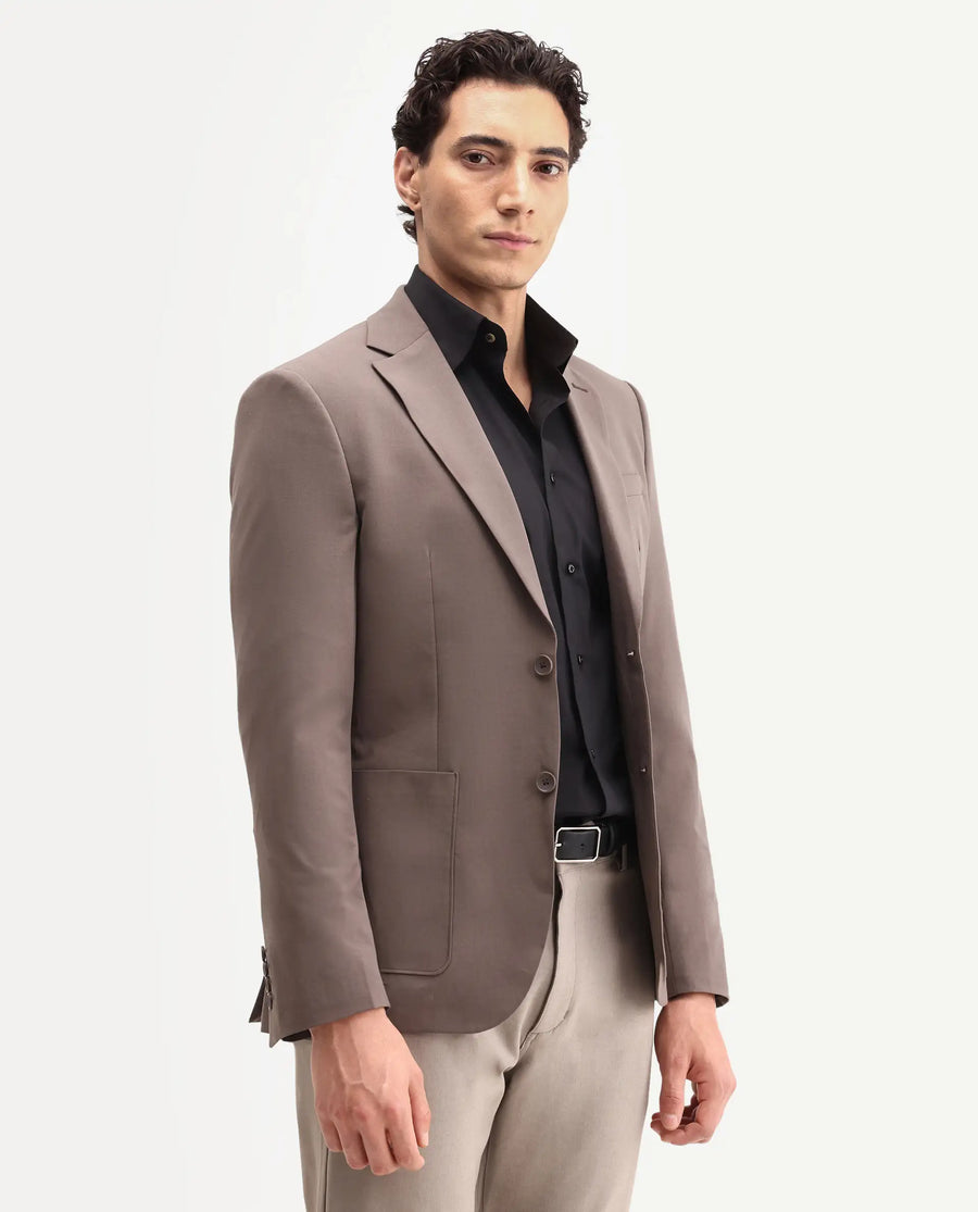 Rare Rabbit Men's Arca Dark Brown Polyester Blend Fabric Full Sleeve Lapel Collar Regular Plain Blazer