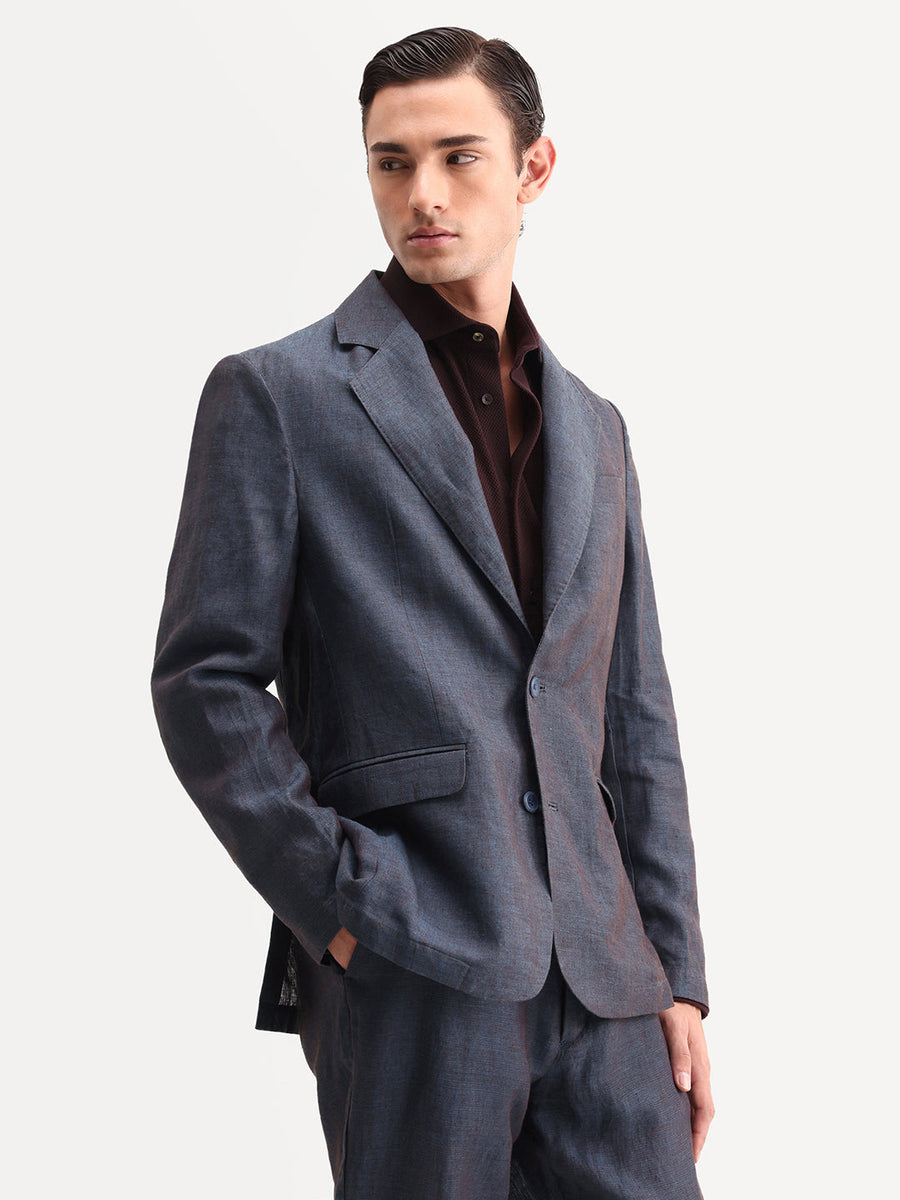 Rare Rabbit Men's Borium-Bl Dark Blue 100% Linen Fabric Full Sleeve Lapel Collar Regular Plain Blazer