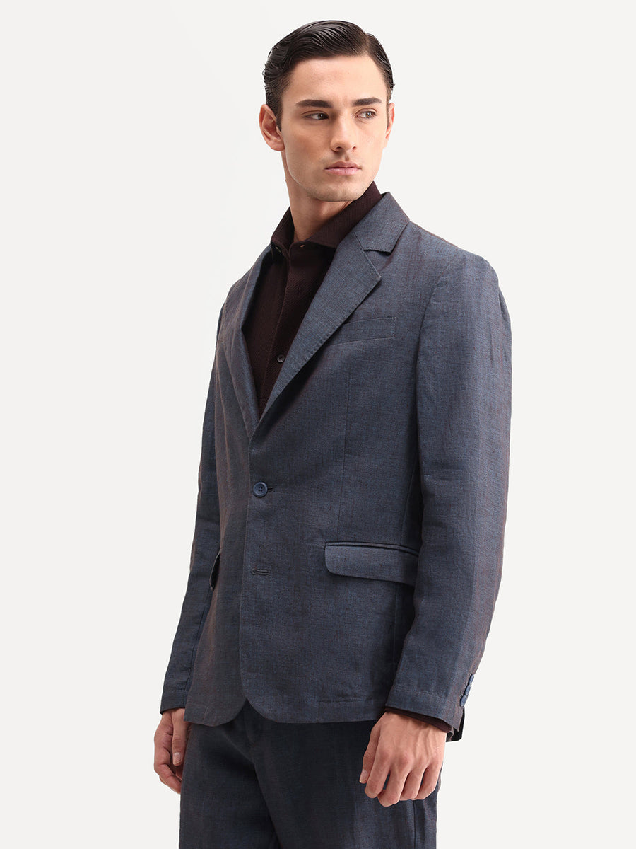 Rare Rabbit Men's Borium-Bl Dark Blue 100% Linen Fabric Full Sleeve Lapel Collar Regular Plain Blazer