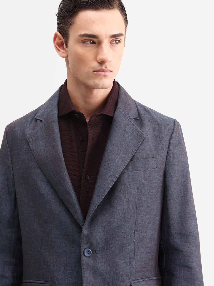 Rare Rabbit Men's Borium-Bl Dark Blue 100% Linen Fabric Full Sleeve Lapel Collar Regular Plain Blazer