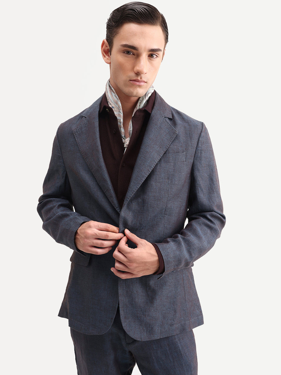 Rare Rabbit Men's Borium-Bl Dark Blue 100% Linen Fabric Full Sleeve Lapel Collar Regular Plain Blazer