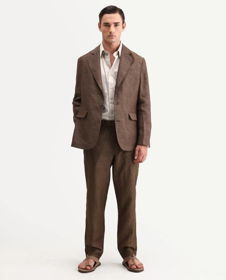Rare Rabbit Men's Borium-T Brown Linen Fabric Regular Fit Plain Trouser