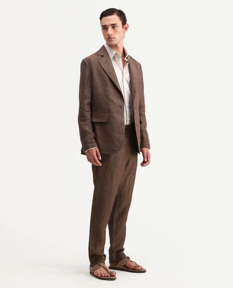 Rare Rabbit Men's Borium-T Brown Linen Fabric Regular Fit Plain Trouser